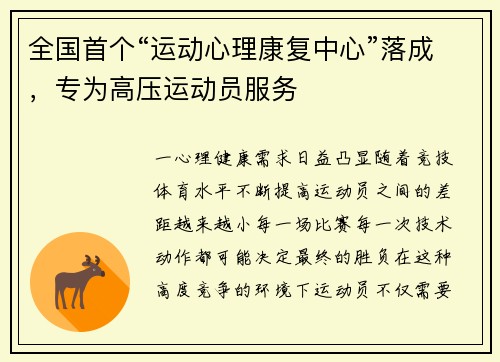 全国首个“运动心理康复中心”落成，专为高压运动员服务